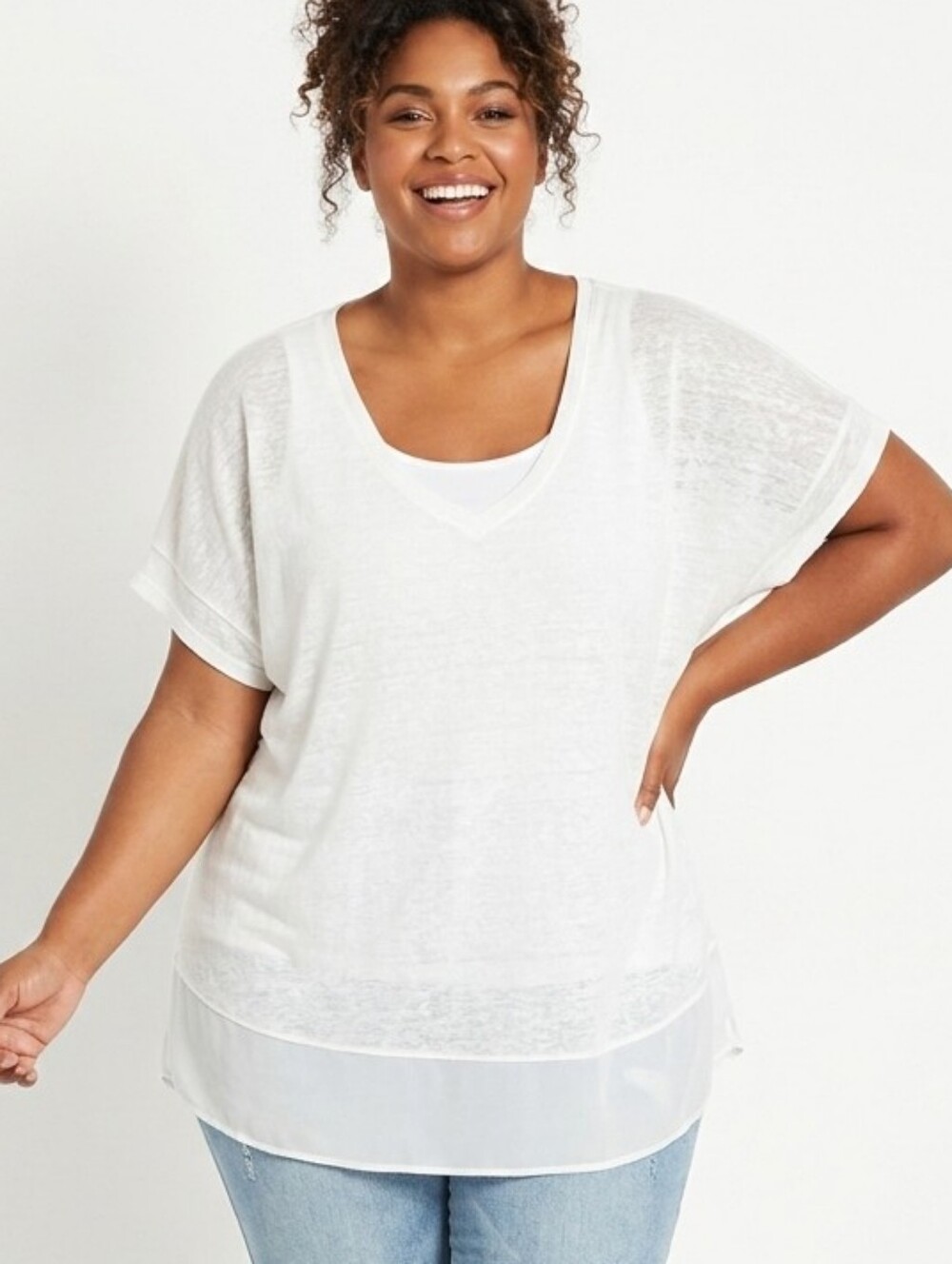 Lane Bryant Plus Size White V-Neck Chiffon-Hem Tunic